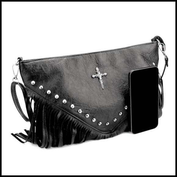 Goth Punk Crossbody Bag Studded Rivet Fringe PU Leather Shoulder Purse - Picture 7 of 7